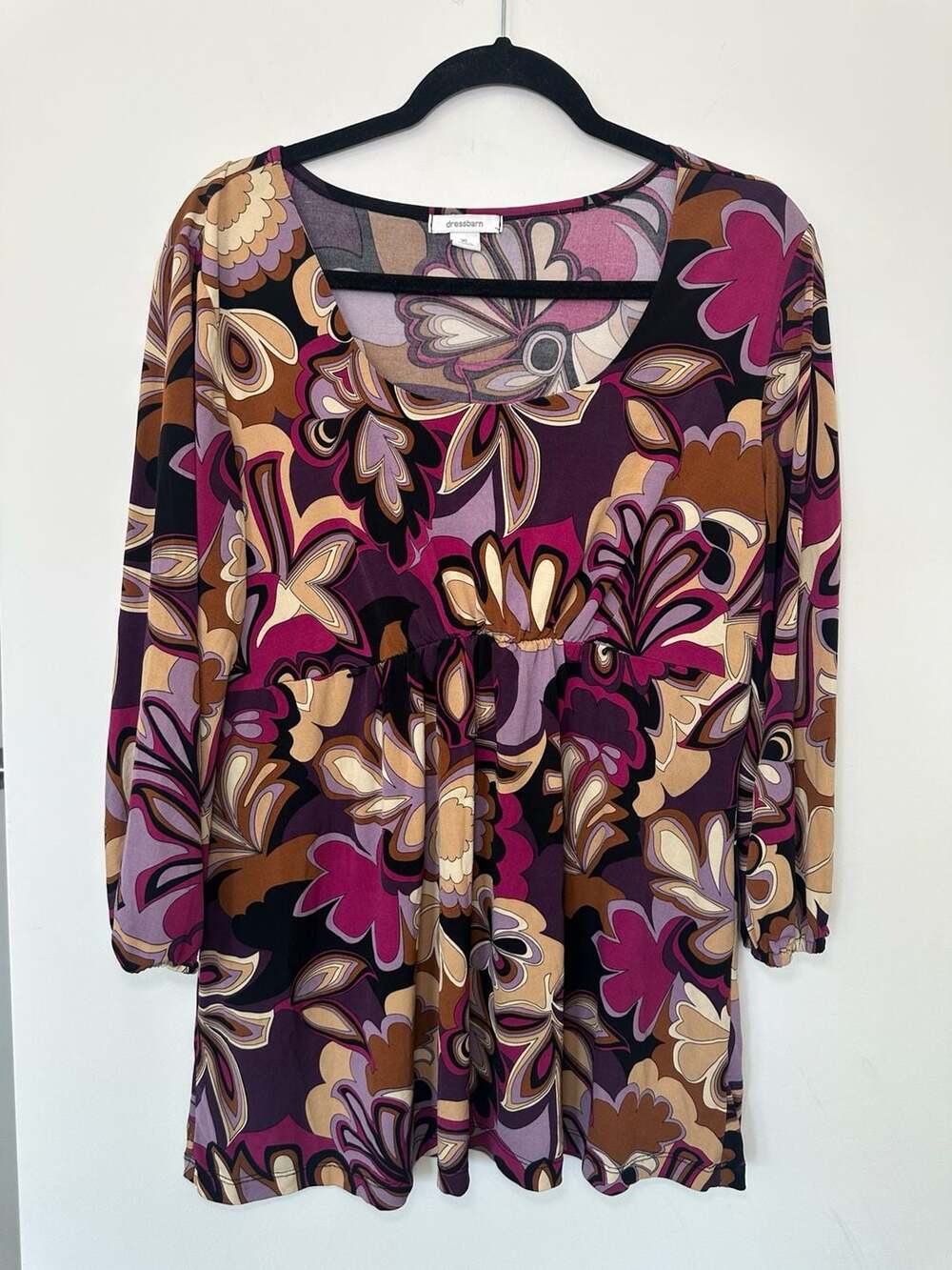 Dressbarn Floral Tunic Size XL Purple 3/4 Sleeve Blouse